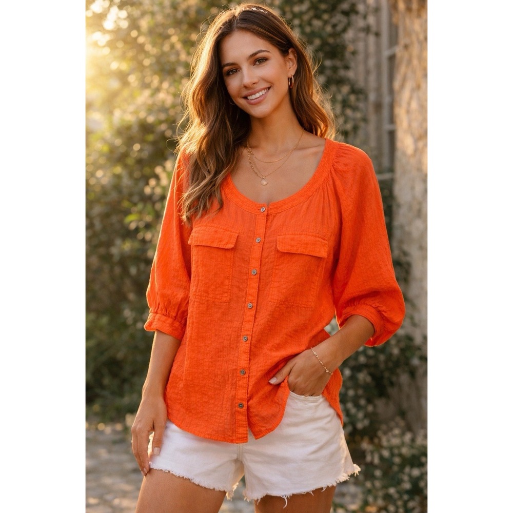 Martin + Osa Button Up Shirt Gauzy Orange Light Weight Boho Coastal Summer